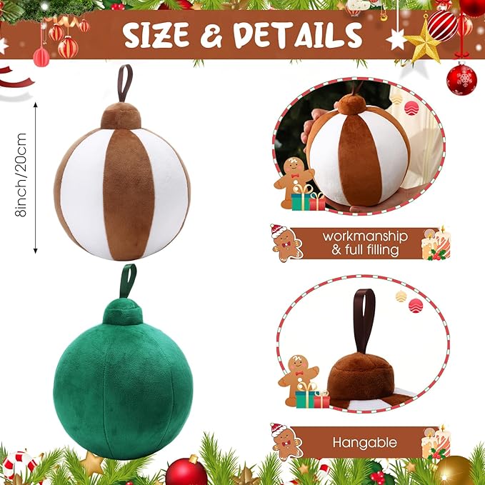 2 Pcs Christmas Pillows 7 Inch Round Christmas Ornament Shaped Throw Pillow Cute 3D Ball Xmas Throw Cushion Decoration for Bed Couch Sofa Chair Living Room(Dark Green, Brown and Beige)