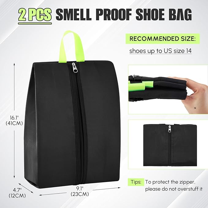 2 Pcs Smell Proof Cleat Bag for Sports, 4 Layer Odor Absorbing Soccer Football Baseball Golf Shoe Bag, Waterproof Mud Resistant Shoe Storage Pouch Fits up to Size 14 (Black,Dark Gray)