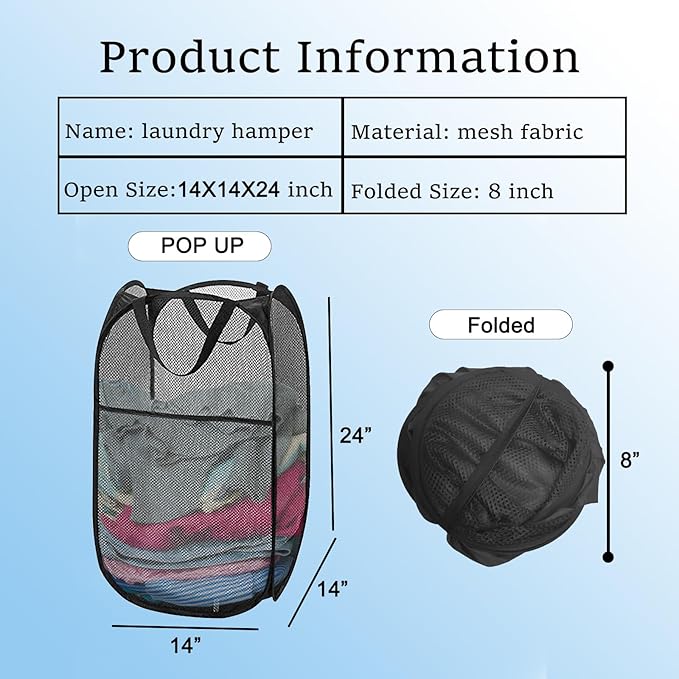 Pack of 2 Pop Up Laundry Hamper Collapsible Laundry Baskets Black Mesh Laundry Baskets with Portable Handle, Side Pocket for Bedroom, Nursery Room, Travel, Cruise
