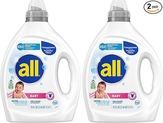 all Baby,Gentle for Baby,Liquid Laundry Detergent,Hypoallergenic for Sensitive Skin,Concentrated,75oz,100 Loads,(Pack of 2)