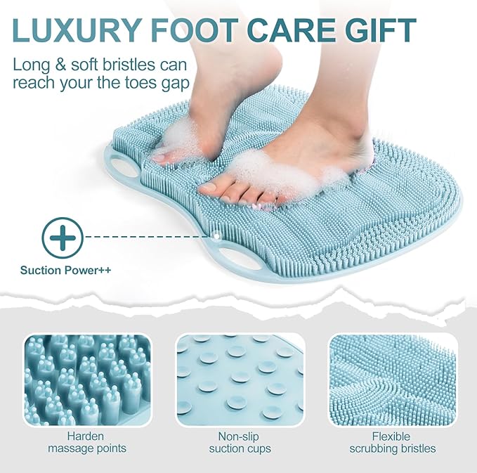XL Shower Foot Scrubber Mat, Silicone Feet Massage Scrubber in Shower Clean Foot Toes Pad without Bending Non-slip Suction Cups -Blood Circulation Exfoliate Achy Relief 17.4*13.4" Light Blue