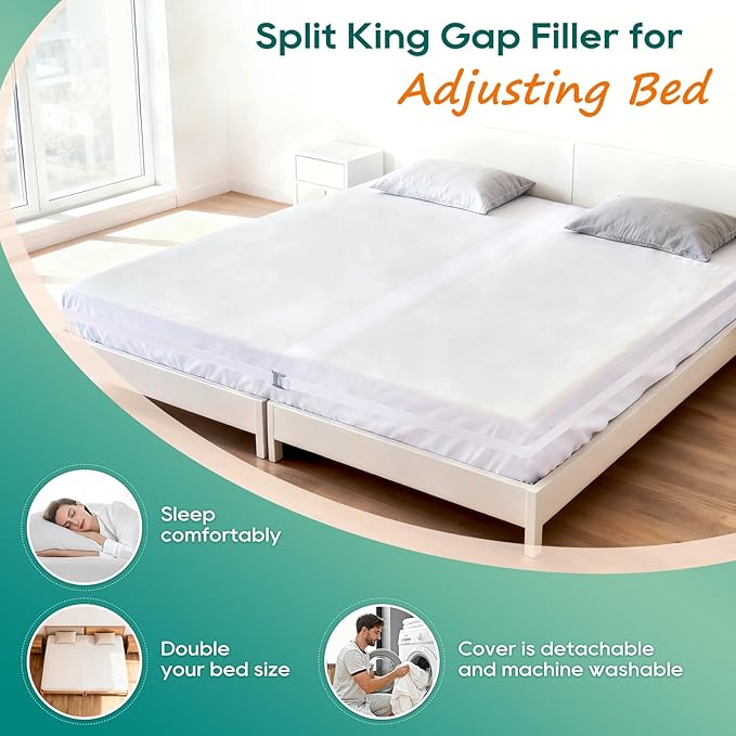 3-in-1 Bed Bridge Twin to King Converter Kit with Attached Fitted Sheet | Split King Gap Filler for Adjustable Bed & Bed Gap Filler | Twin to King Daybed Gap Filler | Washable Cover | 78"x75"