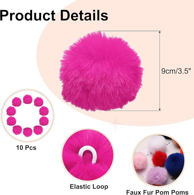 uxcell 3.5 Inch Faux Fur Pom Pom Balls, 10 Pcs Rose Red Fluffy Soft Faux Fur Pom Poms for Hats with Elastic Loop for DIY Knitting Hats Keychain Scarves Gloves Bags Shoes Accessories