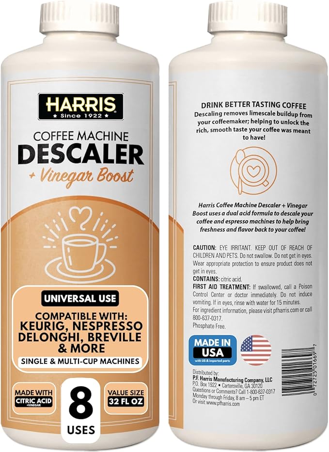 HARRIS Coffee Machine Descaler Descaling Solution - 32 Fl. Oz. (8 Uses) Compatible with Keurig,Nespresso,Breville,Delonghi, Jura Ninja - Espresso Coffee Maker Cleaner, Limescale Remover