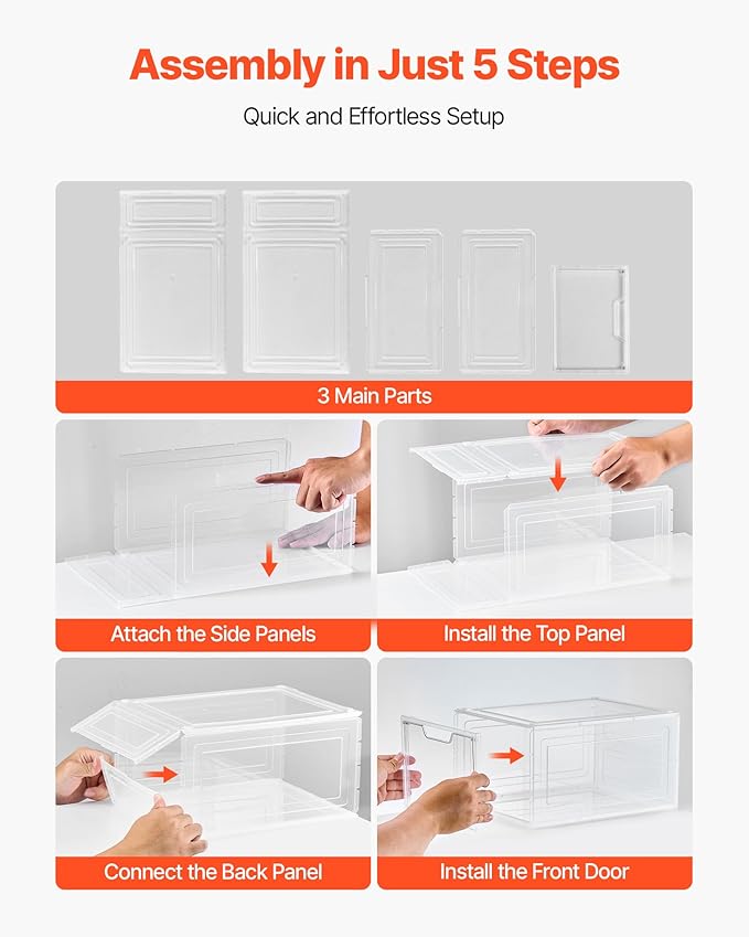 VEVOR Shoe Storage Boxes, 9 Pack Clear Stackable Shoe Boxes Storage Organizers with Magnetic Door, Fit up to US Size 13, Plastic Sneaker Containers for High Heels, Boots, and Hats, Transparent White