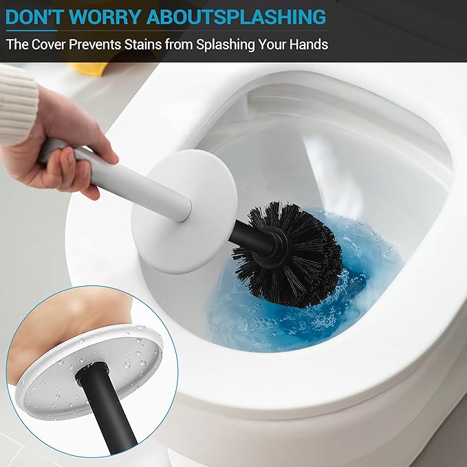304 Stainless Steel Toilet Bowl Brush with Holder, 2 Black Bristle Heads- Toilet Scrubber and Covered Holder, Toilet Brushes for Bathroom-Space Saving, Covered Brush, Deep Cleaning (White)