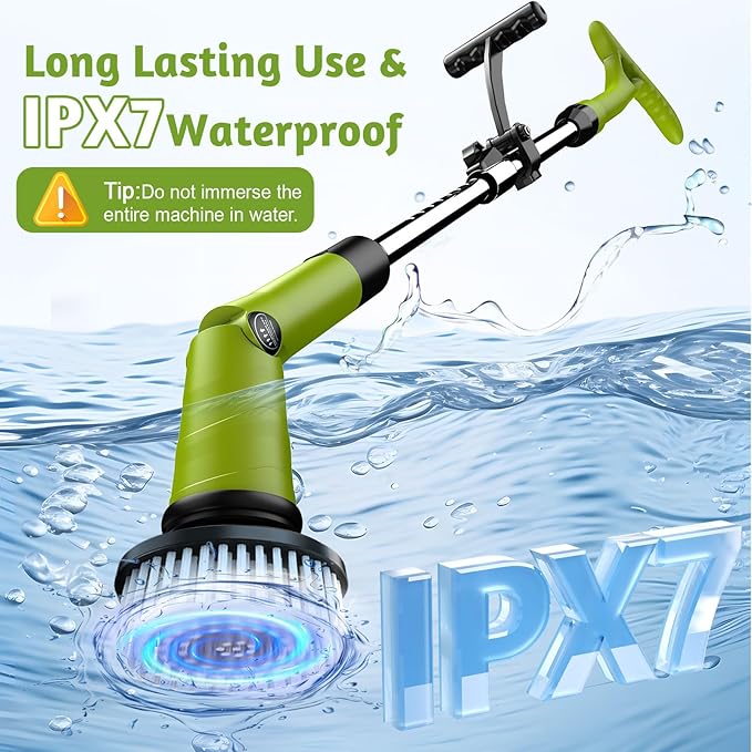 Electric Spin Scrubber, Cordless Cleaning Brush with 8 Brush Heads, 3 Speeds, LCD Display, and Adjustable Extension Handle, IPX7 Waterproof Power Scrubber for Tub Bathroom Floor Tile (Green)
