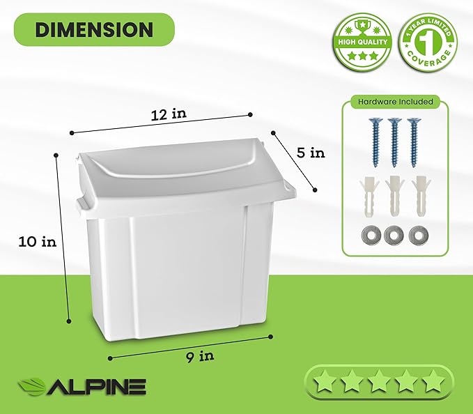 Alpine Sanitary Napkin Receptacle - Feminine Hygiene Disposal Container, Wall Mounted Trash Can with Odor Control Seal & Installation Hardware (White)