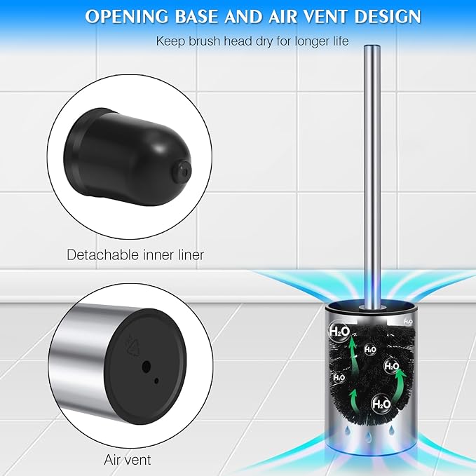 QL Toilet Brush and Holder，Stainless Steel Toilet Brush，Quick Drying Bathroom Toilet Bowl Scrubber Brush for Home and Commercial Use (Silver)