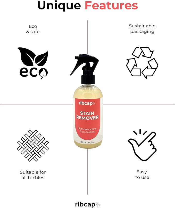 Ribcap Eco Stain Remover for Fabrics | 250 ml / 8.5 fl oz | Eco-Friendly & Safe for Delicate Materials like Helmets, Clothing & Accessories