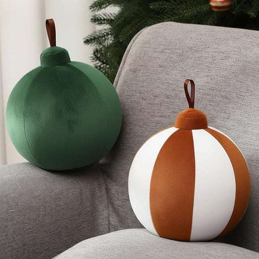 2 Pcs Christmas Pillows 7 Inch Round Christmas Ornament Shaped Throw Pillow Cute 3D Ball Xmas Throw Cushion Decoration for Bed Couch Sofa Chair Living Room(Dark Green, Brown and Beige)