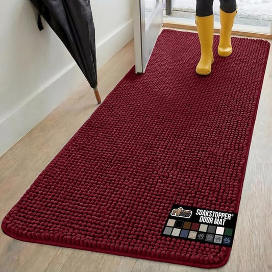 GORILLA GRIP SoakSTOPPER Dog Door Mat, 70x24 Machine Washable Rug Absorbent Doormat Captures Moisture Mud Dirt, Quick Dry Soft Chenille Entryway Rugs Indoor Entrance Mats for Dog Paws, Burgundy