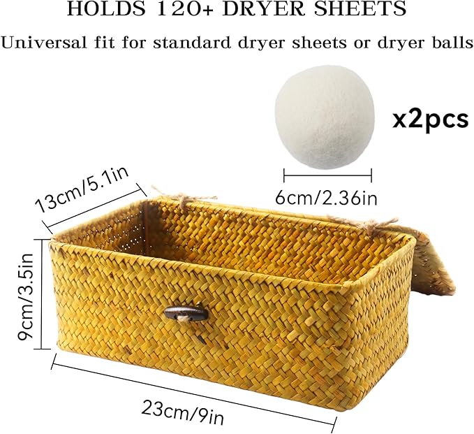 Klmnop Dryer Sheet Holder, Rustic Woven Dryer Sheet Container with 2 Pack Wool Dryer Balls, Fabric Softener Dispenser for Laundry Room(Orange)