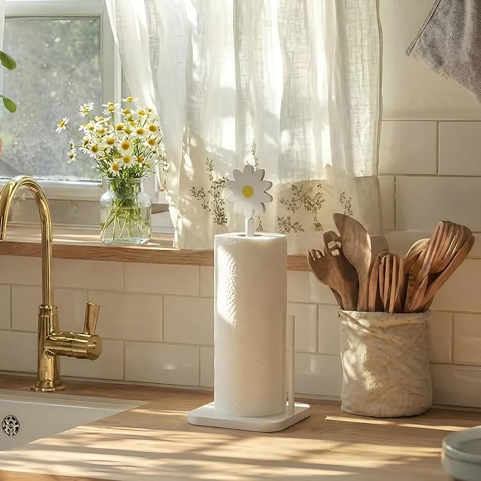 Leinuosen White Daisy Paper Towel Holder Coquettish Cute Wooden Daisy Kitchen Paper Towel Holder Bathroom Countertop Accessories Kitchen Roll Stand Organizer Standing Apartment Decor Housewarming Gift