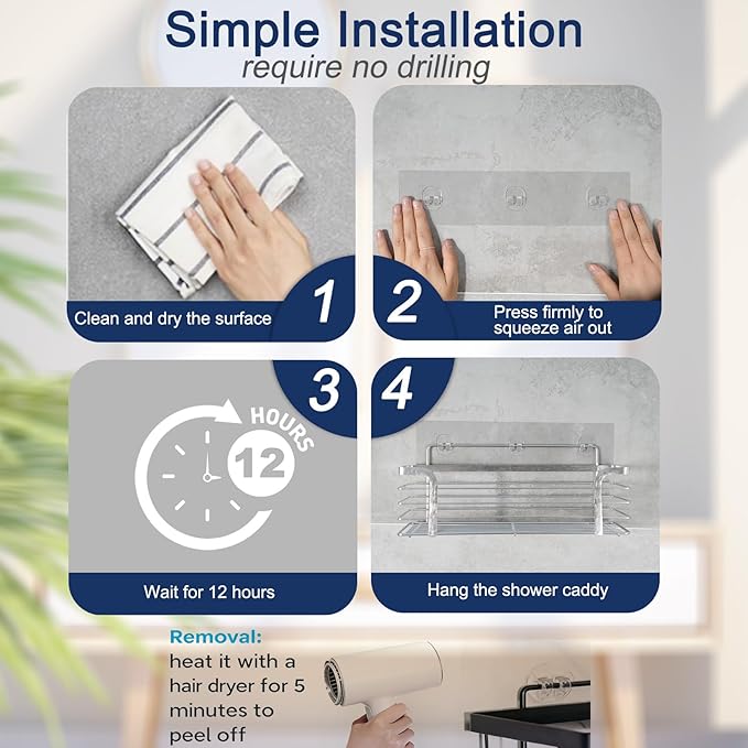 Strong Adhesive Shower Caddy Replacement, 6 Pack No Drill Adhesive Hooks for Bathroom & Kitchen, Holds 40lbs, Waterproof & Transparent Strips for Tile, Glass, Smooth Walls