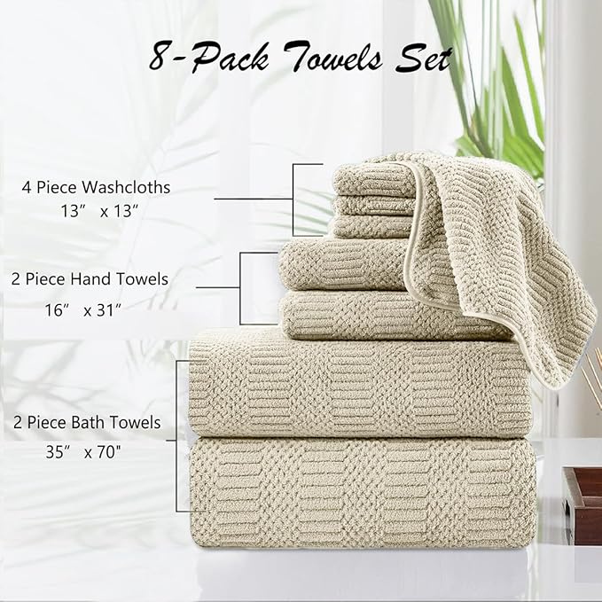 Oliven 8 Pcs Tan Oversized Bath Towel Set-2 Extra Large Bath Sheets,2 Hand Towels,4 Washcloths-600GSM Soft Highly Absorbent Quick Dry Beach Chair Towels