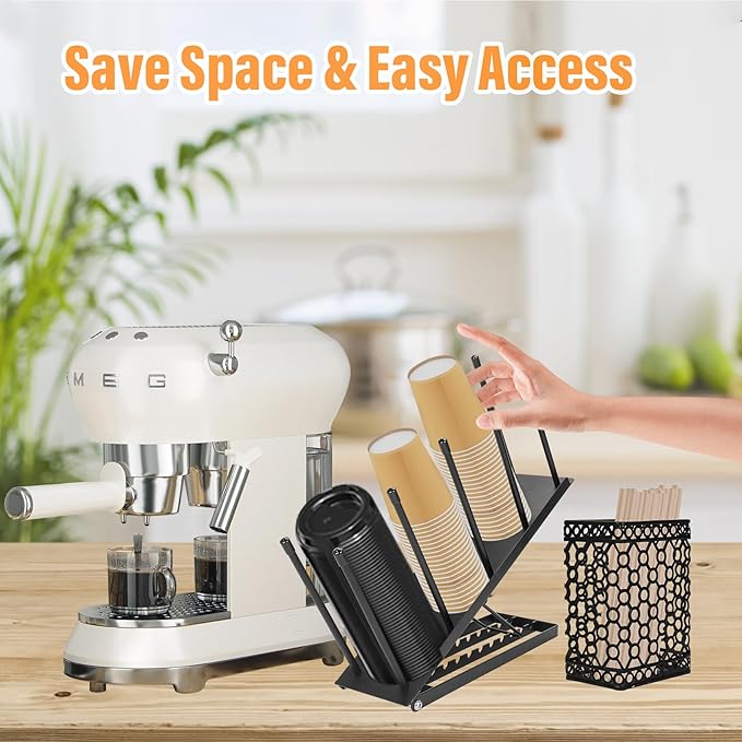 Coffee Cup Holder, Adjustable Cup Dispenser Lid Organizer Rack, 4 Compartment Disposable Paper Plastic Cup and Lid Dispenser with Straw Storage Basket for Coffee Bar Station Breakroom Countertop Black