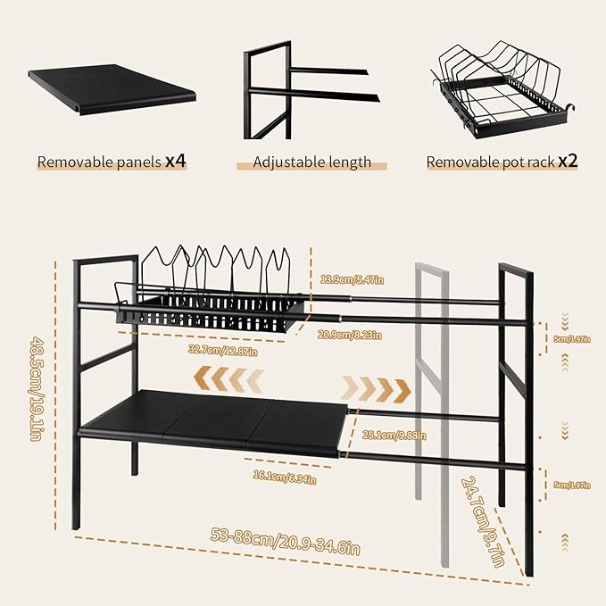 Pots and Pans Organizer Under Cabinet, Expandable Length, Adjustable Height Under Sink Shelf 2 Tier with 10 Dividers Under Sink Organizer, Pot and Pan Lid Holder Rack (Black)