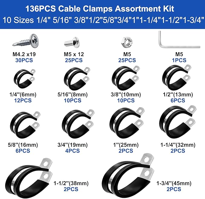 Taiss 136PCS Cable Clamps Assortment Kit 304 Stainless Steel Rubber Cushion Pipe Clamps 10 Sizes 1/4" 5/16" 3/8" 1/2" 5/8" 3/4" 1" 1-1/4" 1-1/2" 1-3/4" Metal Wire Clamps (with Two Kinds of Screws)