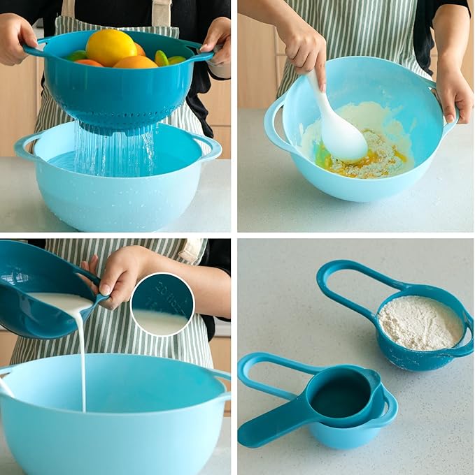 Mixing Bowls-Plastic Nesting Mixing Bowl Set of 8, Kitchen Gadgets for Apartments Space Saving, Including Measuring Cups Sifter Colander, Easy Storage Cooking Baking, Rv Camper Accessories, No BPA