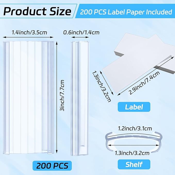 200 PCS Wire Shelf Label Holder with Label Paper Inserts Clear Metro Shelf Clips Plastic Shelf Tags for Wire Shelving, Compatible with 1-1/4 Inch Shelves
