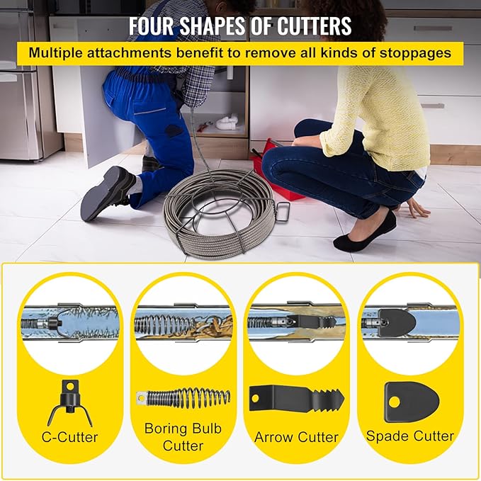 VEVOR Drain Cleaning Cable 100 ft x 1/2 inch Solid Core Cable Sewer Cable, Drain Auger Cable Cleaner, Snake Clog Pipe Drain Cleaning Cable W/Four Shapes of Cutters