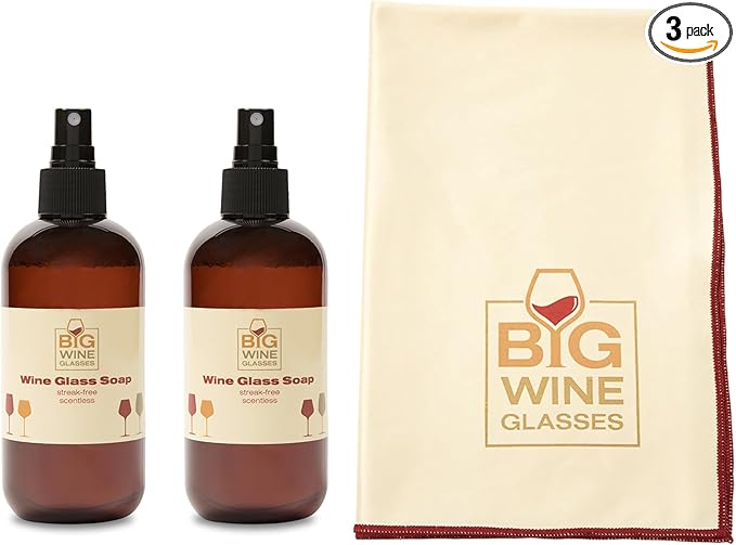 Wine Glass Cleaner & Polishing Cloth Set | 2 Organic Liquid Spray Soaps + 1 Microfiber Cleaning & Drying Towel | Streak Free and Spot Free Shine