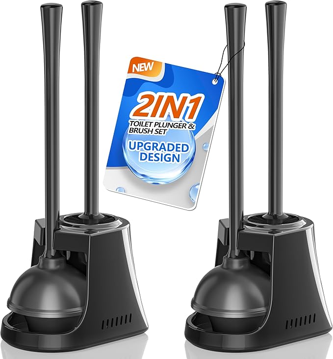 Toilet Plunger and Brush, Bowl Brush and Heavy Duty Toilet Plunger Set with Ventilated Holder, 2-in-1 Toilet Brush and Plunger Combo for Bathroom Cleaning (2, Black)