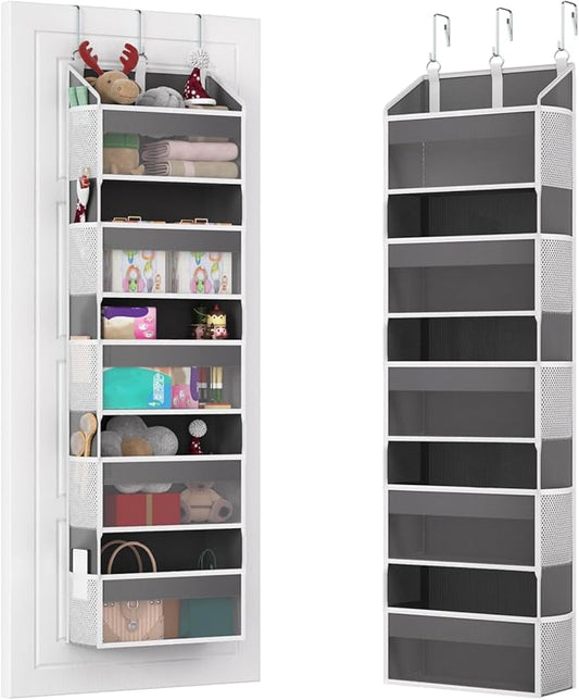 Over the Door Organizer with 5 Front & 10 Mesh Side Pockets, 50LB Capacity Extra Large Hanging Storage Organizer Multi-Room Space-Saving Design with 3 Hook for Closet, Bathroom, Kitchen, Pantry, Grey