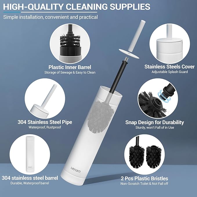 304 Stainless Steel Toilet Bowl Brush with Holder, 2 Black Bristle Heads- Toilet Scrubber and Covered Holder, Toilet Brushes for Bathroom-Space Saving, Covered Brush, Deep Cleaning (White)