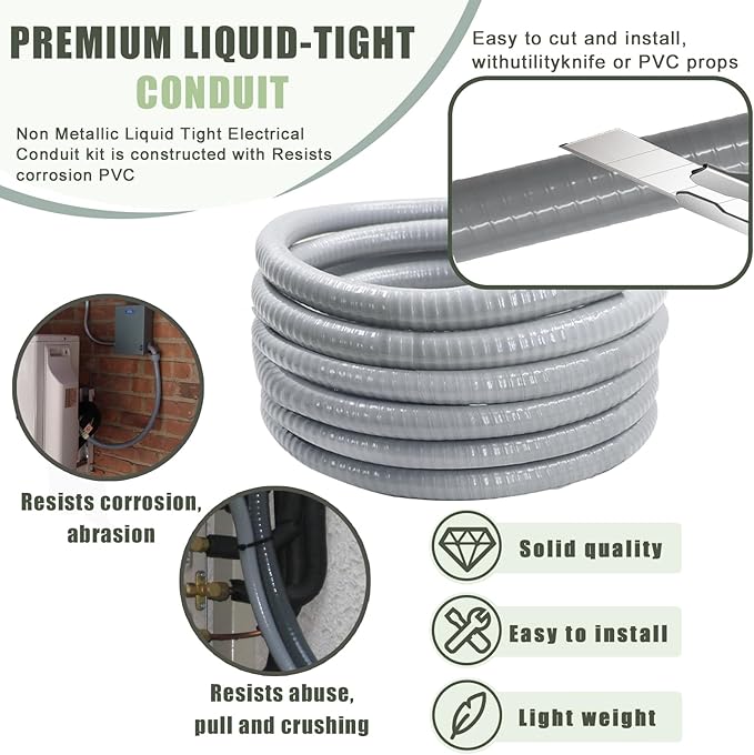 Liquid-Tight Conduit and Connector Kit - 3/4 Inch 25 FT Non Metallic Liquid Tight Electrical Conduit with 5 Straight and 5 Angle Fittings
