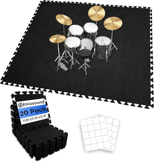Focusound 20Pcs Sound Absorbing Interlocking Drum Rug, 11.8 x 11.8 x 0.4 inches High Density Soundproof Floor Mats, Non-Slip Anti Vibration Piano Carpet Drum Mat for Music Studio, Black