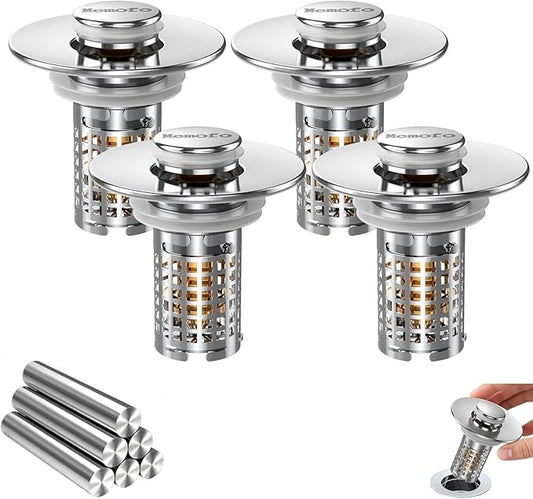 Bathroom Sink Drain Strainer, Stainless Steel Pop-up Strainer Basket Hair Catcher with Removable Basket, Brass Bullet Core, Universal Fit 1.1-2.36 Inch (4PCS)