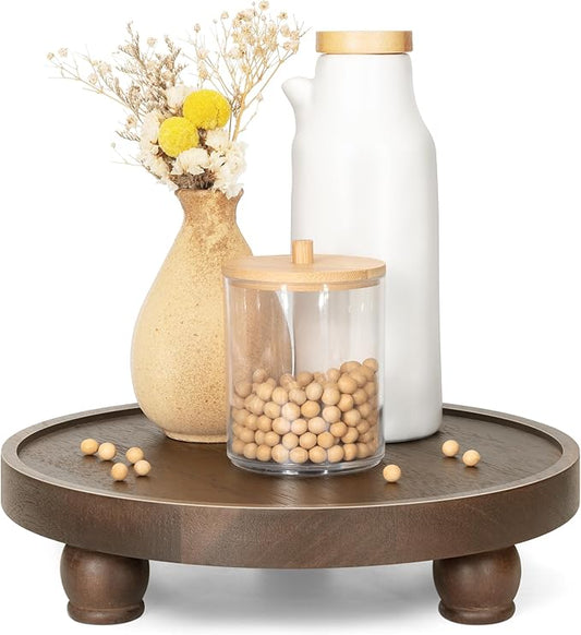 EOSAHR Farmhouse Wood Riser for Home Decor – Acacia Wood Round Pedestal Stand for Bathroom Decor & Kitchen Sink – Decorative Tray for Soap Dispenser, Plant & Cupcake (Dark Acacia)