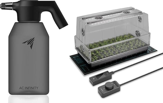 AC Infinity Automatic Sprayer & Heavy-Duty Large Humidity Dome Germination Kit Bundle — 2L USB Rechargeable Electric Spray Bottle with Adjustable Nozzle + 6x12 Waterproof Seedling Mat & Vented Panels