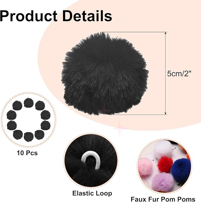 uxcell 2 Inch Faux Fur Pom Pom Balls, 10 Pcs Black Fluffy Soft Faux Fur Pom Poms for Hats with Elastic Loop for DIY Knitting Hats Keychain Scarves Gloves Bags Shoes Accessories