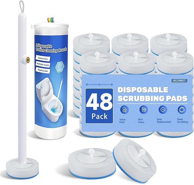 Disposable Toilet Brush, All-in-One Toilet Cleaning System,Toilet Bowl Wand Kit with 48 Count Scrubbing Pads Refills,Wall-Mounted,Compact,Multipurpose