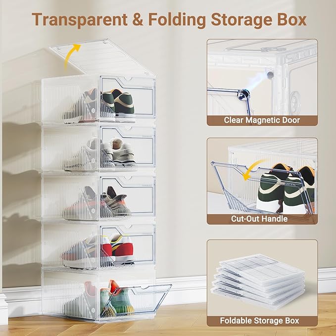 XX-Large Shoe Sneaker Storage Boxes for Size 14, Stackable & Thicken Clear Plastic Shoe Organizers 16 Packs for Entryway Closet Under Bed, Shoe Storage Cabinets Container Display Case w/ Magnetic Door