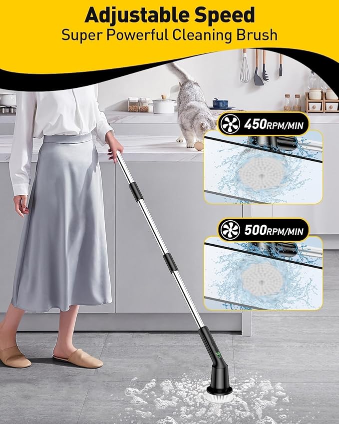 Electric Spin Scrubber,Cordless Shower Cleaning Brush IPX7 Waterproof with 3 Replaceable Brush Heads, Adjustable Extension Handle and Power Dual Speed,Power Scrubber for Bathroom Tub Tile Floor Car 5