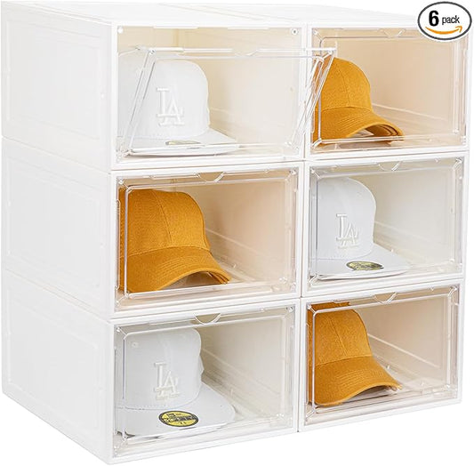 6 Pack Hat Organizer Box, Stackable Clear Baseball Caps Holder Box Containers with Magnetic Door for Hats Snapback Cap Storag, Hat Rack Display Case, Holds 8 Hats Each (White)