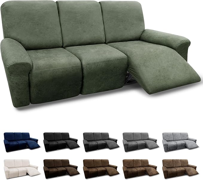 Couch Cover 8-Pieces Sofa Covers Washable Recliner Sofa Covers 3 Seater Leather Look Recliner Slipcovers with Pockets Spandex Fabric Furniture Covers(Recliner Sofa, Army Green)