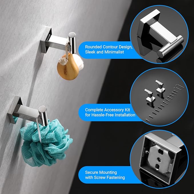 Miyili SUS304 Stainless Steel 5-Piece Bathroom Accessories Set with 30" Double Towel Bar, 5" Toilet Paper Holder, Towel Ring, 2 x Robe Hooks Bath Hardware Kit Wall Mount, Poilshed