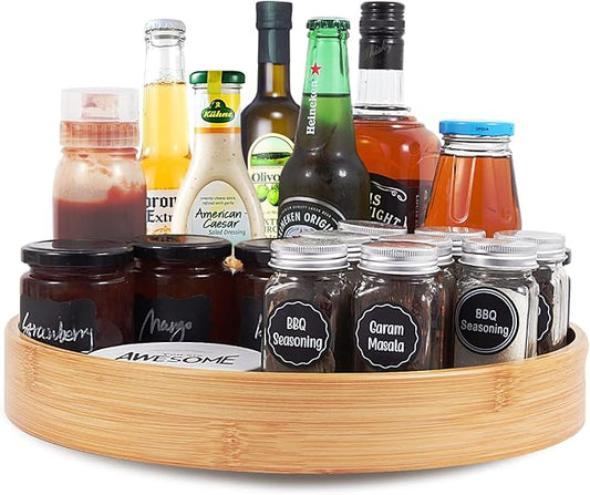 Lazy Susan Organizer 14 inch, Bamboo Lazy Susan for Table, Kitchen Turntable Organizer with Double Handles, Round Wood Rotating Turntable Spice Organizer for Countertop Cabinet or Pantry