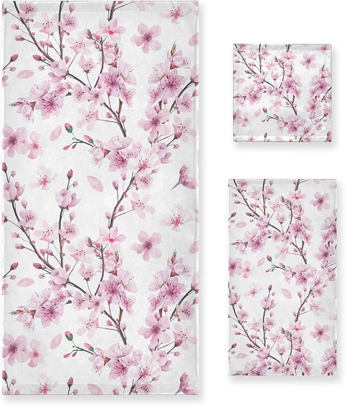 Pfrewn Cherry Blossoms Flowes Towels Set of 3 Watercolor Pink Floral Sakura Branch Bathroom Towel Soft Absorbent Bath Hand Towels Washcloth Guest Towel Sets Bathroom Decorations