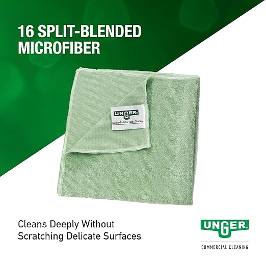 Unger Commercial Microfiber Cleaning Cloth, 10 Pack - MicroWipe 4000 Heavy Duty, 16" x 15", Green - Streak-Free, Multi-Surface Cleaning - MF400