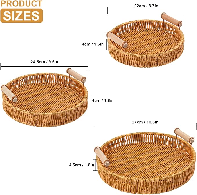 3 Pack 10.8/9.7/8.9 inch Round Rattan Tray, Round Woven Serving Basket with Handles, Storage Rattan Serving Trays for Home, Restaurant & Hotel Use, Durable & Easy-Cleaning