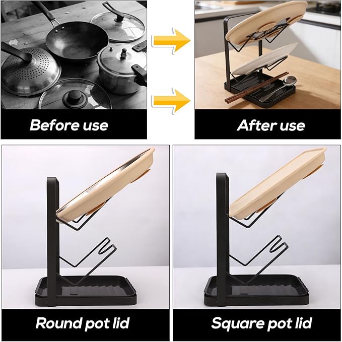 Kitchen Pot Lid Storage Rack with Drip Tray, Carbon Steel Double-Layer Pot Lid Holder While Cooking, Spoon Rest Counter Lids Stand Organizer for Pans Pots (Gun Gray)