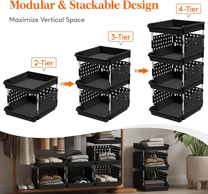 Lifewit Plastic Stackable Storage Baskets, 3 Tier Stacking Bins for Food and Clothes, Multifunctional Organizer for RV, Kitchen, Playroom, Pantry, Black, 35 x 30 x 50 cm/14 x 12 x 20 inch, 1 Pack