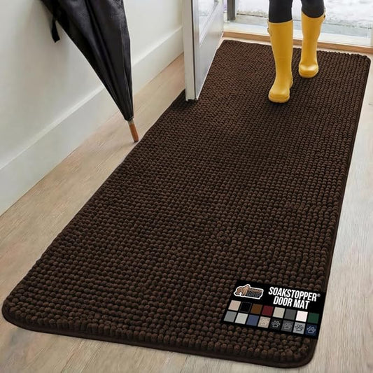 GORILLA GRIP SoakSTOPPER Dog Door Mat, 70x24 Machine Washable Rug Absorbent Doormat Captures Moisture Mud Dirt, Quick Dry Soft Chenille Entryway Rugs Indoor Entrance Mats for Dog Paws, Brown