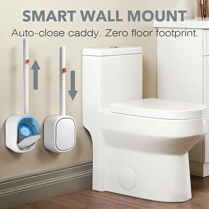 Disposable Toilet Brush & Wand Starter Kit, Wall-Mounted Auto-Closing Caddy with 30 Refills, Deep Cleaning System with Pre-Loaded Scrubber for Rust & Hard Water, Mess-Free Modern Design